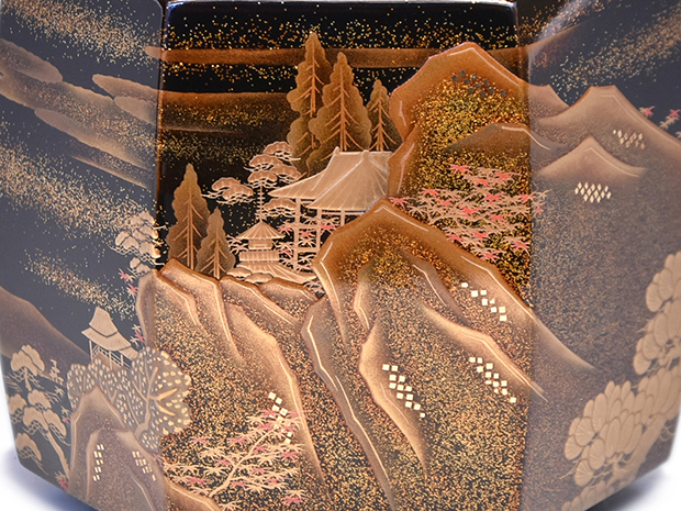 輪島塗 山水蒔絵 香炉 純銀火屋付 蒔絵師 曽又真山(作) 共箱