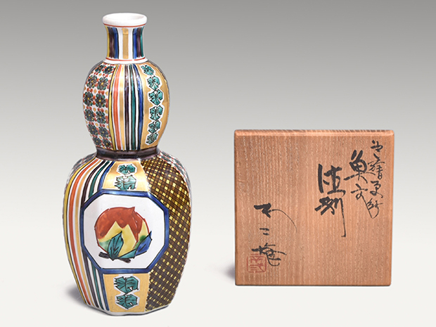 色絵金彩入り更紗徳利 北出不二雄 共箱