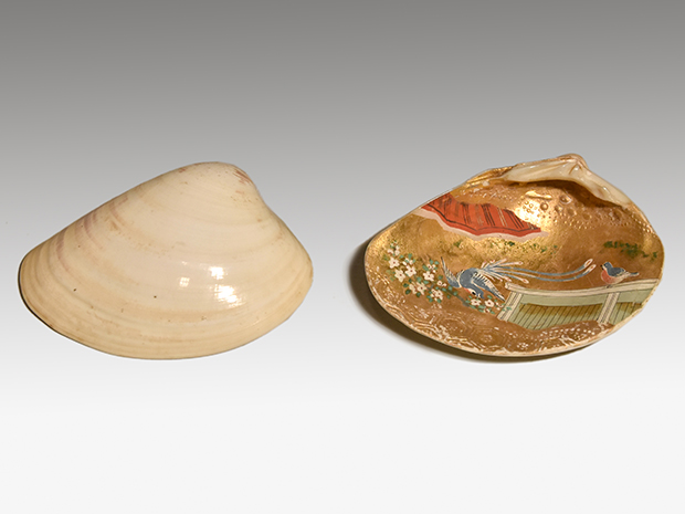 古美術ささき 蛤 はまぐり 貝合わせ 岩彩 梅に尾長鳥図 香合にも 江戸時代後期