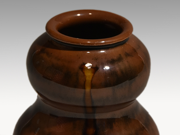 古瀬戸写　瓢形茶入　山口茂(作)　共箱　象牙　仕服(縞需子裂)