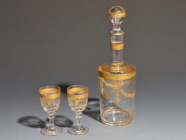 古美術ささき オールドバカラ 金彩 花綱文 ガーランド ボトル リキュールグラス２客 1900年頃