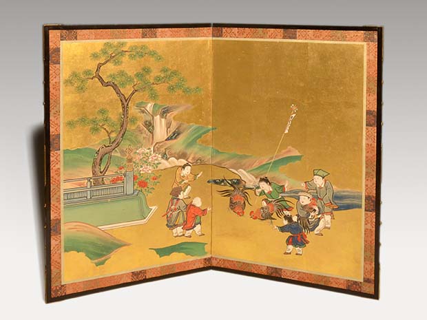 江戸時代 「唐子図」 小屏風 雛屏風 金地に極彩色 二曲一双 | 古美術ささき