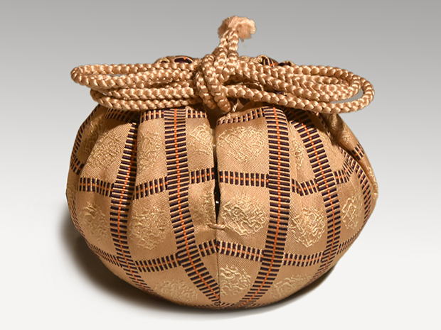 平安「万代 喜山」造 【瓢（ひさご）茶入】共箱入り 仕服付 裂地：五色