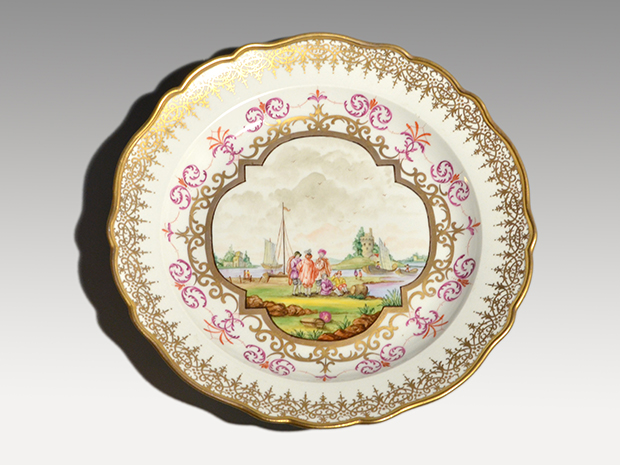 MEISSEN マイセン 港湾風景画 金彩 31.5cm プレート 飾り皿 1850～1924