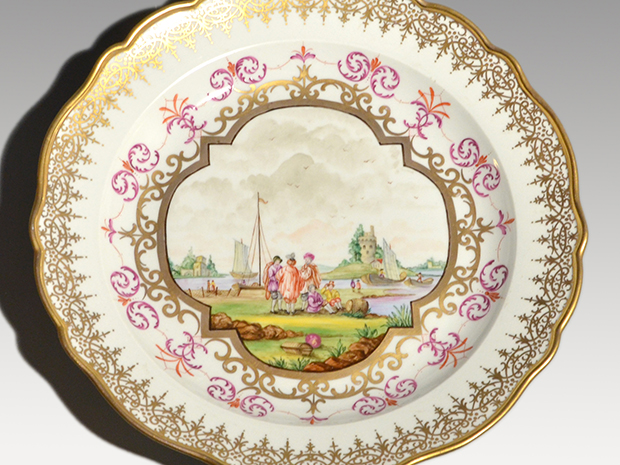 MEISSEN マイセン 港湾風景画 金彩 31.5cm プレート 飾り皿 1850～1924 
