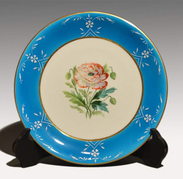 アンティーク　ミントン　ブルー　花文　金彩　プレート　皿　1800年代中頃