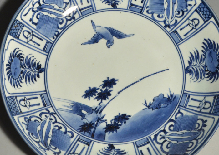 古伊万里(藍九谷様式)染付大皿 鳥に竹文 窓絵宝珠図 江戸時代中期 | 古